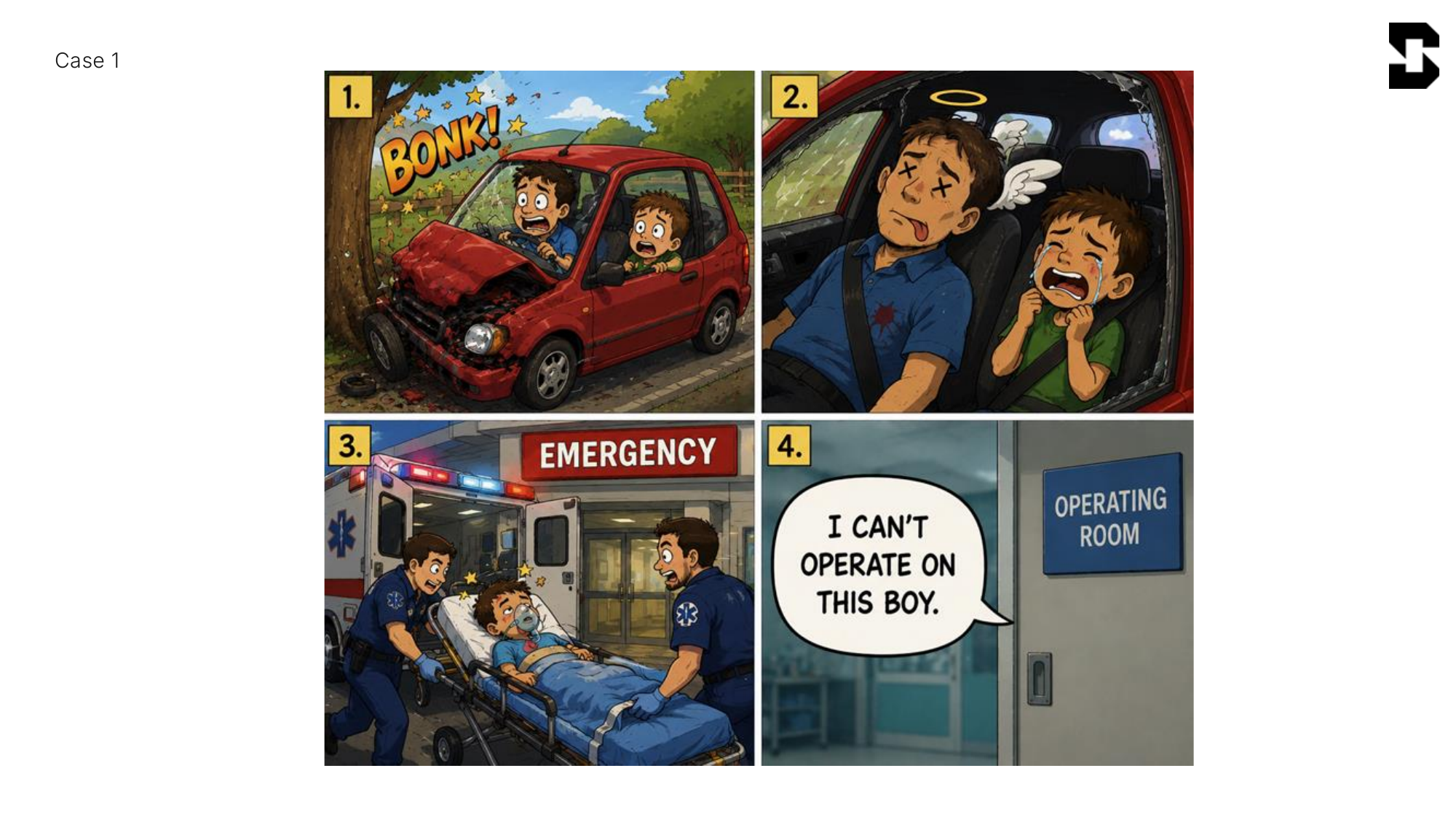Four-panel comic of a car crash with a boy and a doctor saying "I can't operate on this boy"
